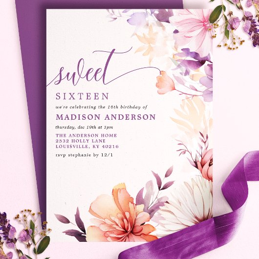 Invitation Romantique Fleurs sauvages violettes et roses pour