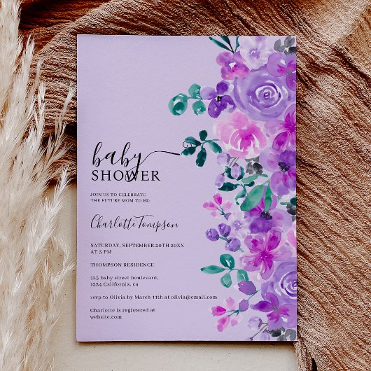 Invitation Romantique fleurs violet lavande baby shower