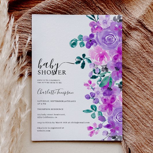 Invitation Romantique fleurs violet lavande baby shower