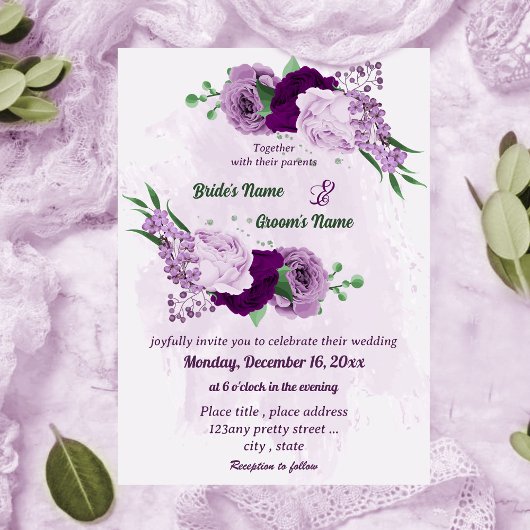 Invitation Romantique fleurs violet vert mariage