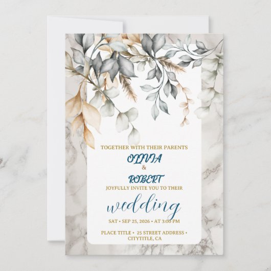 Invitation Romantique floral blanc doux fleurs bleues marbre (Devant)