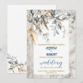 Invitation Romantique floral blanc doux fleurs bleues marbre (Devant / Derrière)