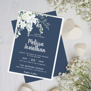 Invitation Romantique floral blanc fleurs douces bleu mariage
