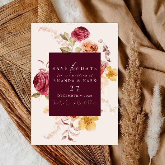 Invitation Romantique Floral Bourgogne Profond Enregistrez la