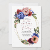 Invitation Romantique Floral Bourgogne rouge et bleu marine M (Devant)