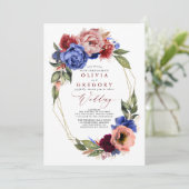 Invitation Romantique Floral Bourgogne rouge et bleu marine M (Debout devant)