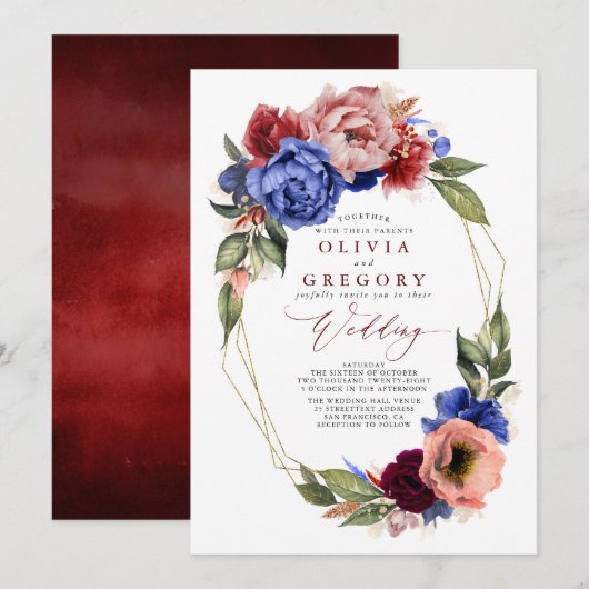 Invitation Romantique Floral Bourgogne rouge et bleu marine M (Devant / Derrière)