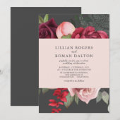 Invitation Romantique Floral Briquet Mariage rose et gris (Devant / Derrière)