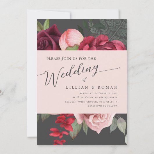 Invitation Romantique Floral Briquet Mariage rose et gris (Devant)