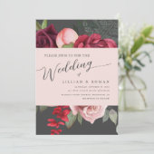 Invitation Romantique Floral Briquet Mariage rose et gris (Debout devant)