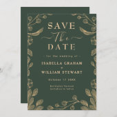 Invitation Romantique Floral Dark Green Mariage Enregistrer L (Devant / Derrière)