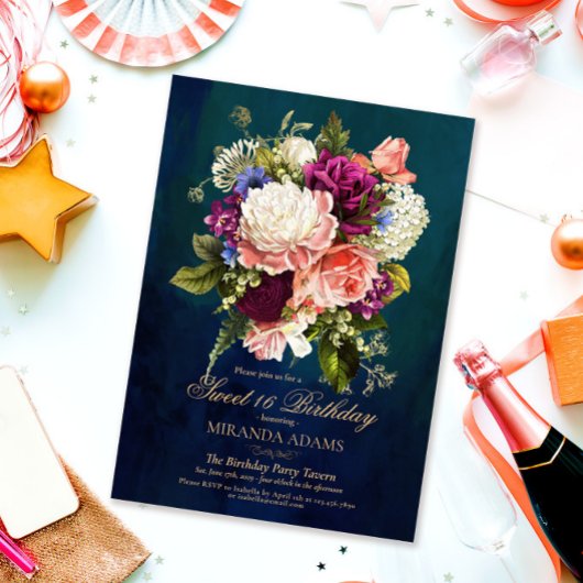 Invitation Romantique Floral Emerald Green Gold 16 Anniversai