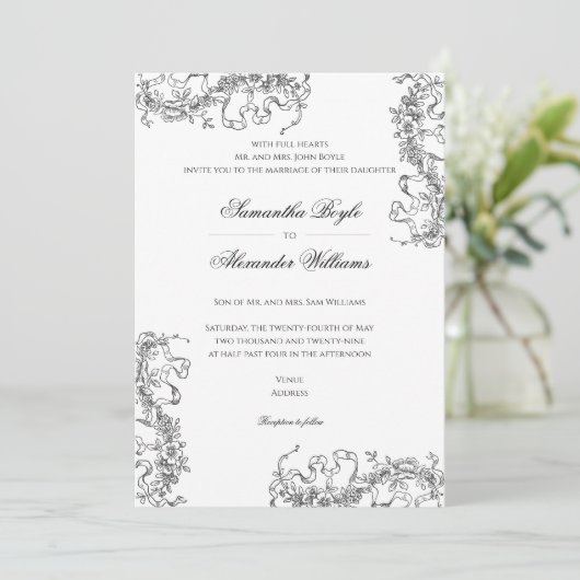 Invitation Romantique Floral Français Rococo Noir Blanc Maria (Debout devant)