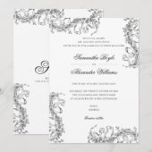 Invitation Romantique Floral Français Rococo Noir Blanc Maria (Devant / Derrière)