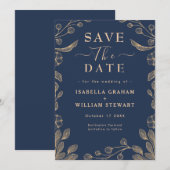 Invitation Romantique Floral Navy Bleu Botanique Enregistrer  (Devant / Derrière)