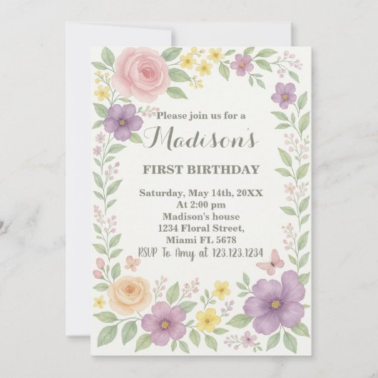 Invitation Romantique Floral Premier anniversaire (Devant)