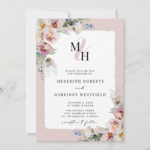 Invitation Romantique Floral QR Code Monogramme Mariage
