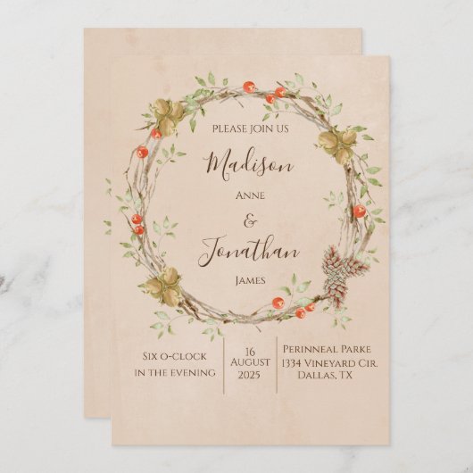 Invitation Romantique Floral Script Wreath Mariage de verdure (Devant / Derrière)
