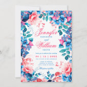 Invitation Romantique Floral Vibrant Bleu rose élégant mariag (Devant)