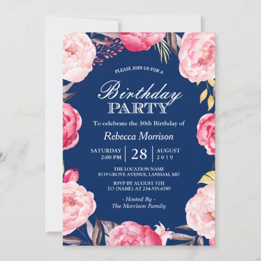Invitation Romantique Floral Wreath Navy Blue Anniversaire Pa (Devant)