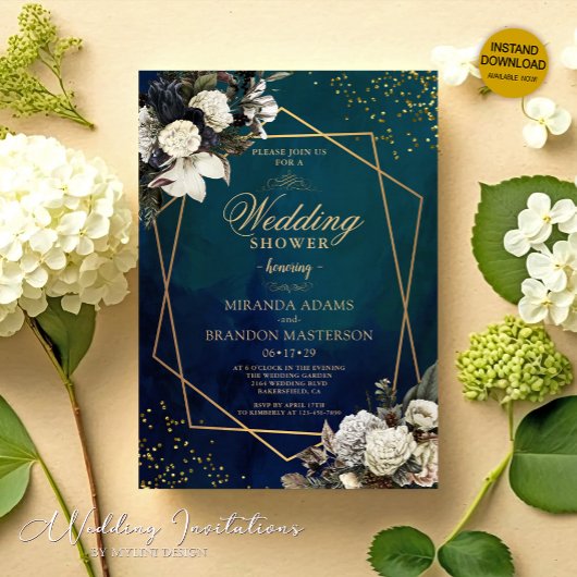 Invitation Romantique Floral Wreath or Emerald Green Mariage