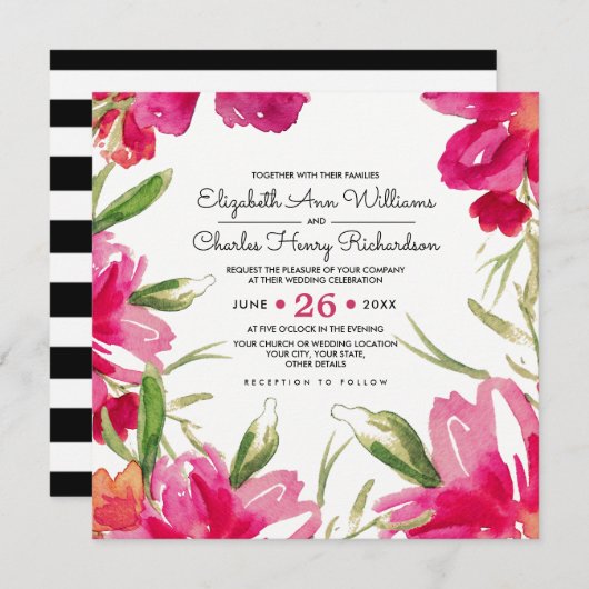 Invitation Romantique Fuchsia Floral Black Stripes Mariage (Devant / Derrière)