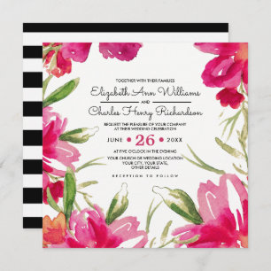 Invitation Romantique Fuchsia Floral Black Stripes Mariage