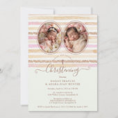 Invitation Romantique Glitter Stripes Jumelles Baptême (Devant)