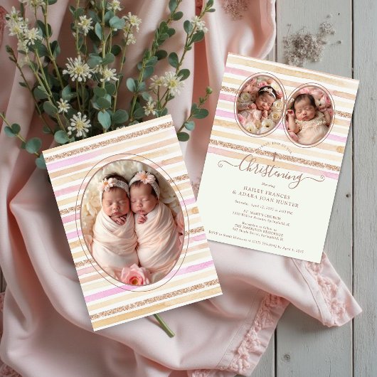 Invitation Romantique Glitter Stripes Jumelles Baptême