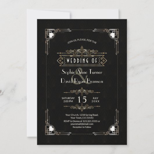 Invitation Romantique Gold Black Great Gatsby Art Déco Mariag (Devant)