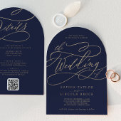 Invitation Romantique Gold Navy tout en un QR Code Arch Maria