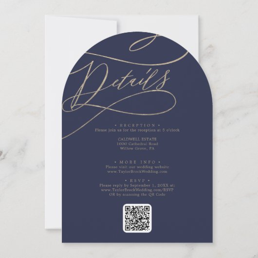 Invitation Romantique Gold Navy tout en un QR Code Arch Maria (Dos)