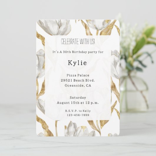Invitation Romantique Gold White Tulips Floral Anniversaire (Debout devant)