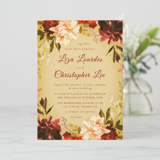 Invitation Romantique Golden Fall Floral Mariage (Debout devant)