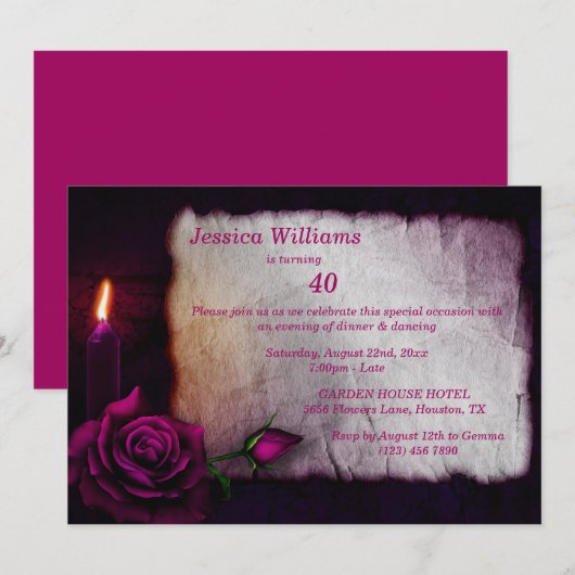 Invitation Romantique gothique Rose & bougie Anniversaire (Devant / Derrière)