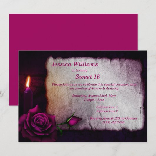 Invitation Romantique gothique Rose & chandelle Sweet 16 (Devant / Derrière)