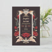 Invitation Romantique gothique rouge Rose et Mariage d'or (Debout devant)