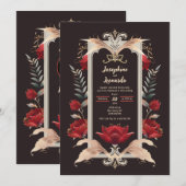 Invitation Romantique gothique rouge Rose et Mariage d'or (Devant / Derrière)