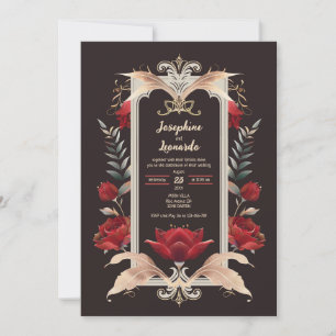 Invitation Romantique gothique rouge Rose et Mariage d'or