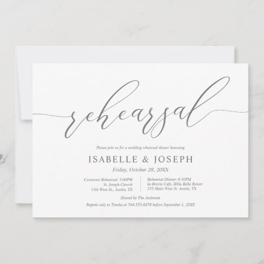 Invitation Romantique gris foncé, répétition Mariage et dîner (Devant)