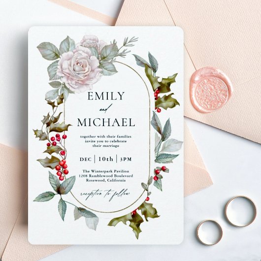 Invitation Romantique Hiver Floral et Evergreens Mariage