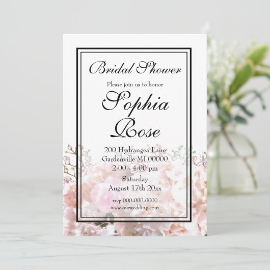 Invitation Romantique hydrangée blanche rose roses douche nup (Debout devant)