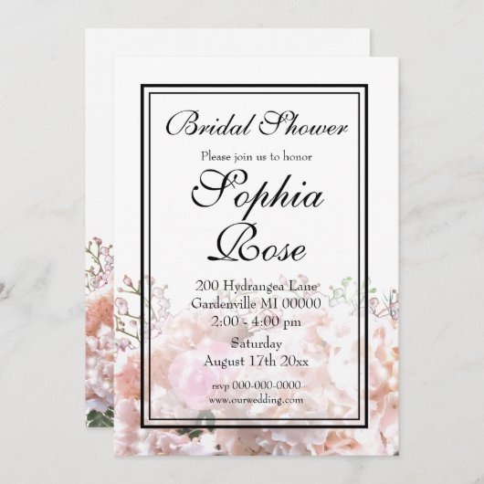 Invitation Romantique hydrangée blanche rose roses douche nup (Devant / Derrière)