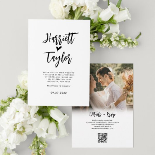Invitation Romantique Lovely Heart Script Photo QR Code Maria