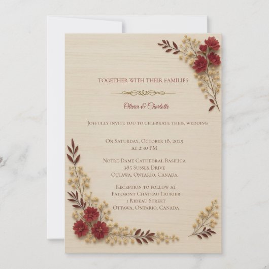 Invitation Romantique Mariage Floral Beige (Devant)