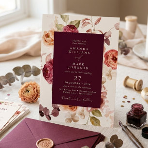 Invitation Romantique mariage floral élégant profond burgundy