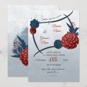 Invitation romantique marine et fleurs bordeaux mariage