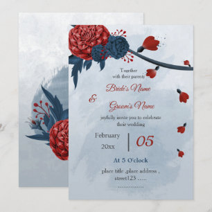 Invitation romantique marine et fleurs bordeaux mariage