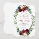 Invitation Romantique Merlot Marine bleu Floral Mariage (Devant / Derrière)