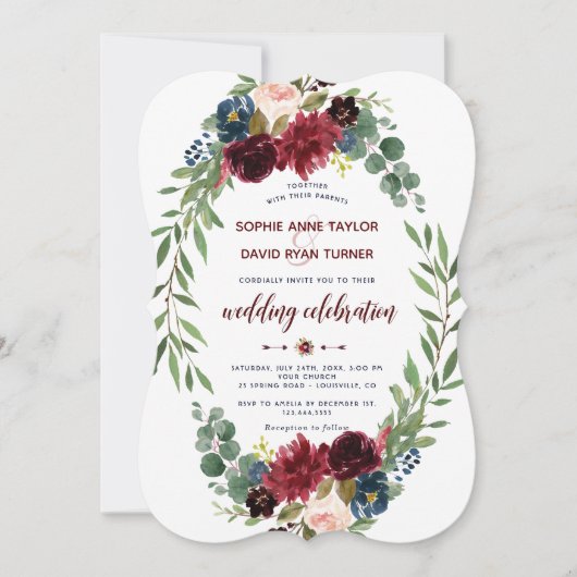 Invitation Romantique Merlot Marine bleu Floral Mariage (Devant)